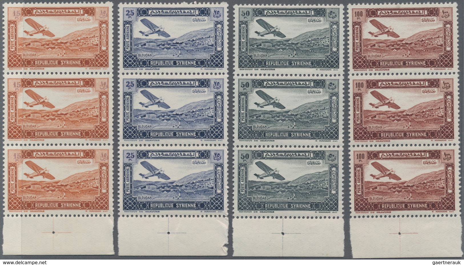 Syrien: 1934, 10 Years Republic Complete Set Of Ten Airmail Stamps To 100pia. In Vertical Strips Of - Syrië