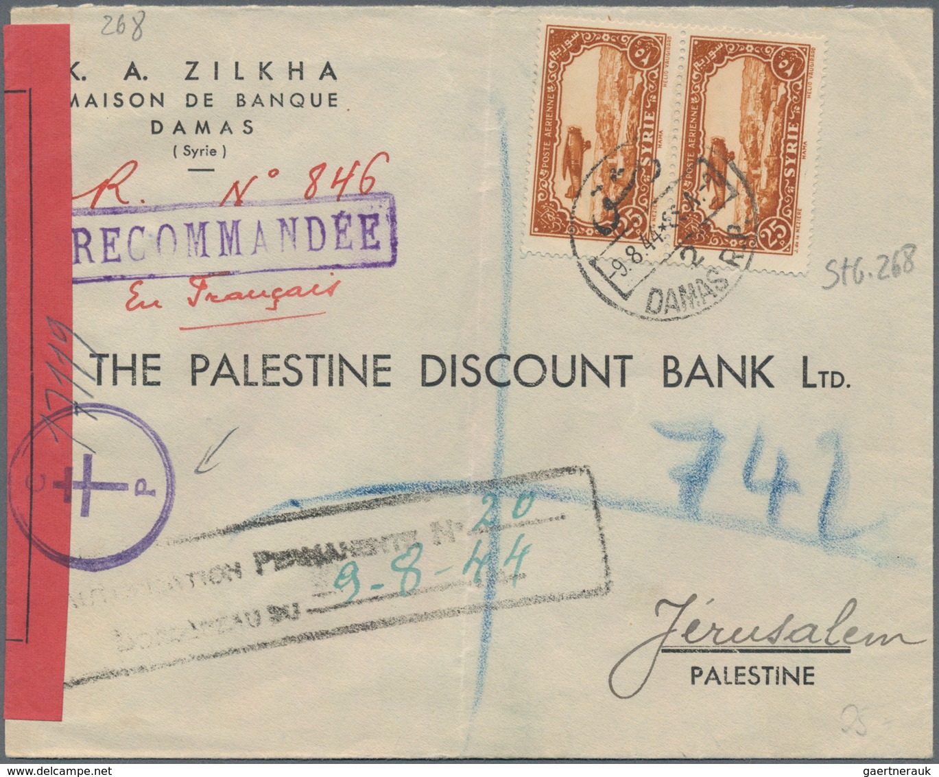 Syrien: 1944, Damas 9.8.44 Cds Cancelling Pair 25P Airmail Issue ( SG 268 ) On Censored Registered C - Syrië