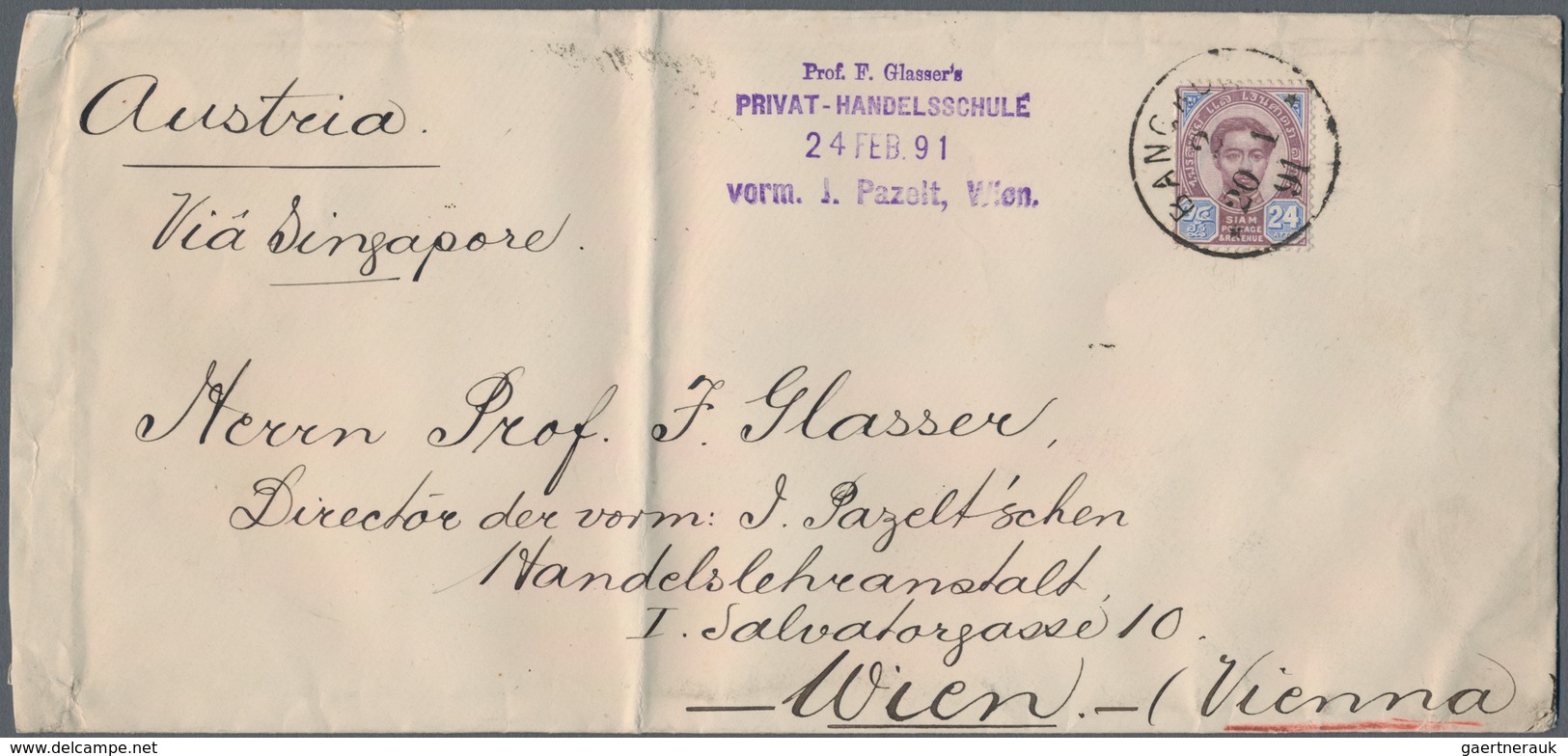 Thailand: 1887, 24 A. Tied "BANGKOK2 20 1 91" To Cover Endorsed "Via Singapore" To Vienna/Austria, O - Thailand