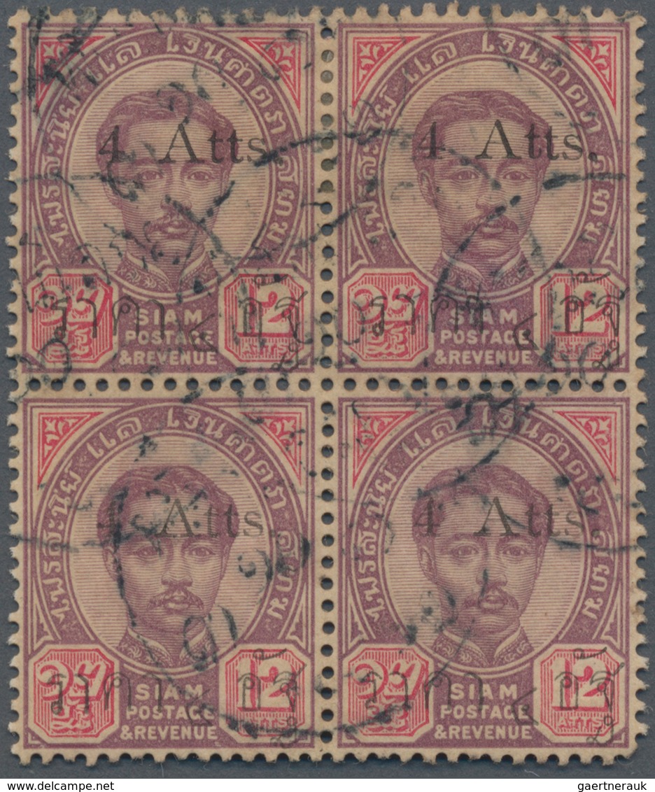 Thailand: 1898, 4a. On 12a. Lilac/carmine, Used Block Of Four, Upper Right Stamp With 1st T In Roman - Thailand