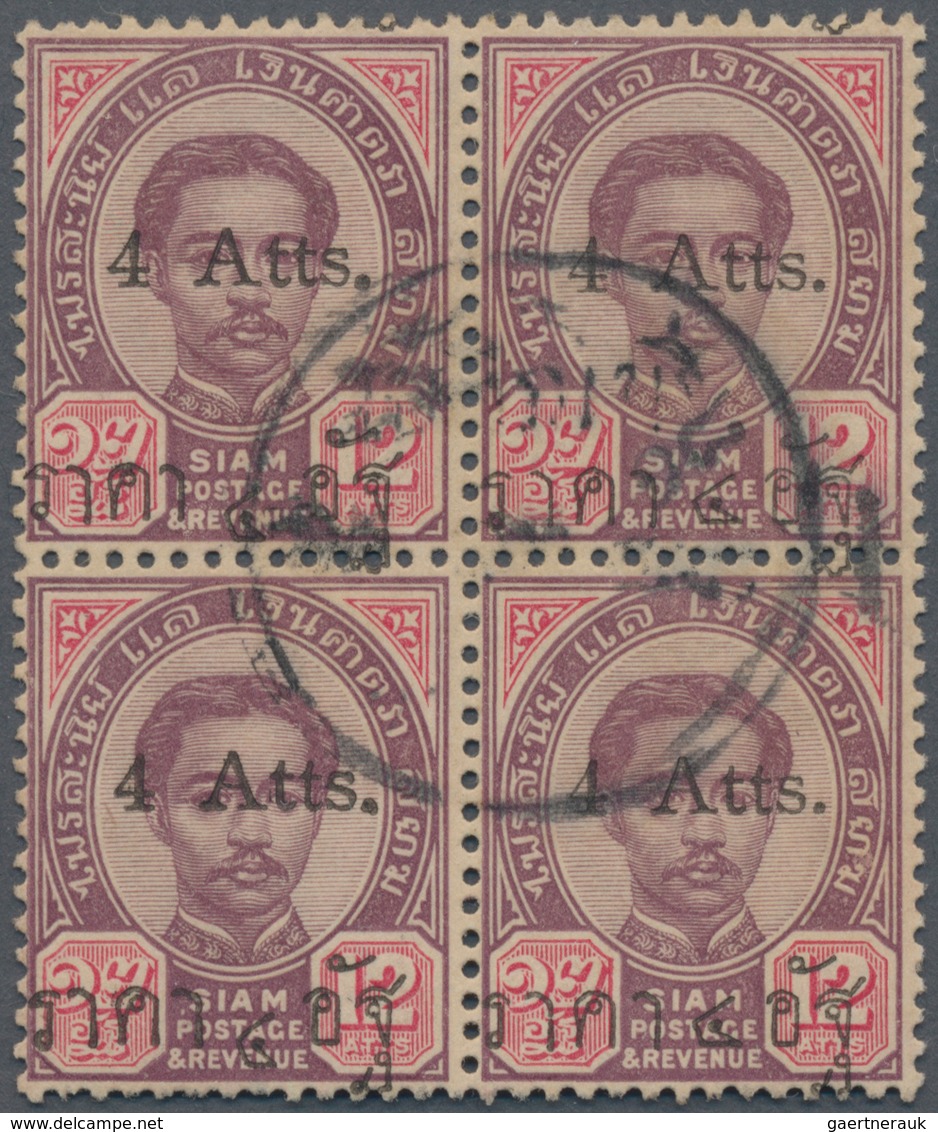 Thailand: 1898, 4a. On 12a. Lilac/carmine, Used Block Of Four, Both Right Stamps With Raised Level A - Thailand