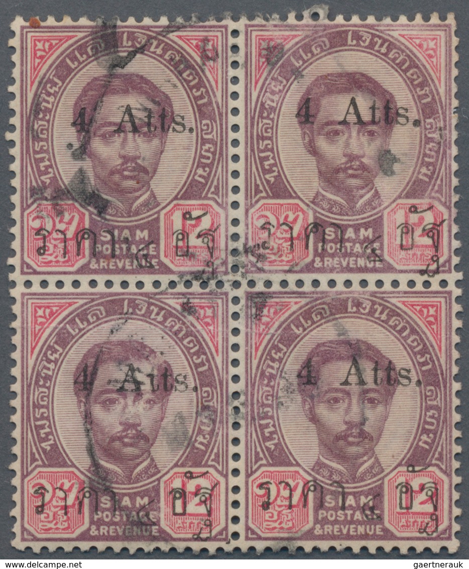 Thailand: 1898, 4a. On 12a. Lilac/carmine, Used Block Of Four, Upper Right Stamp With Oval Stop. Cer - Thailand
