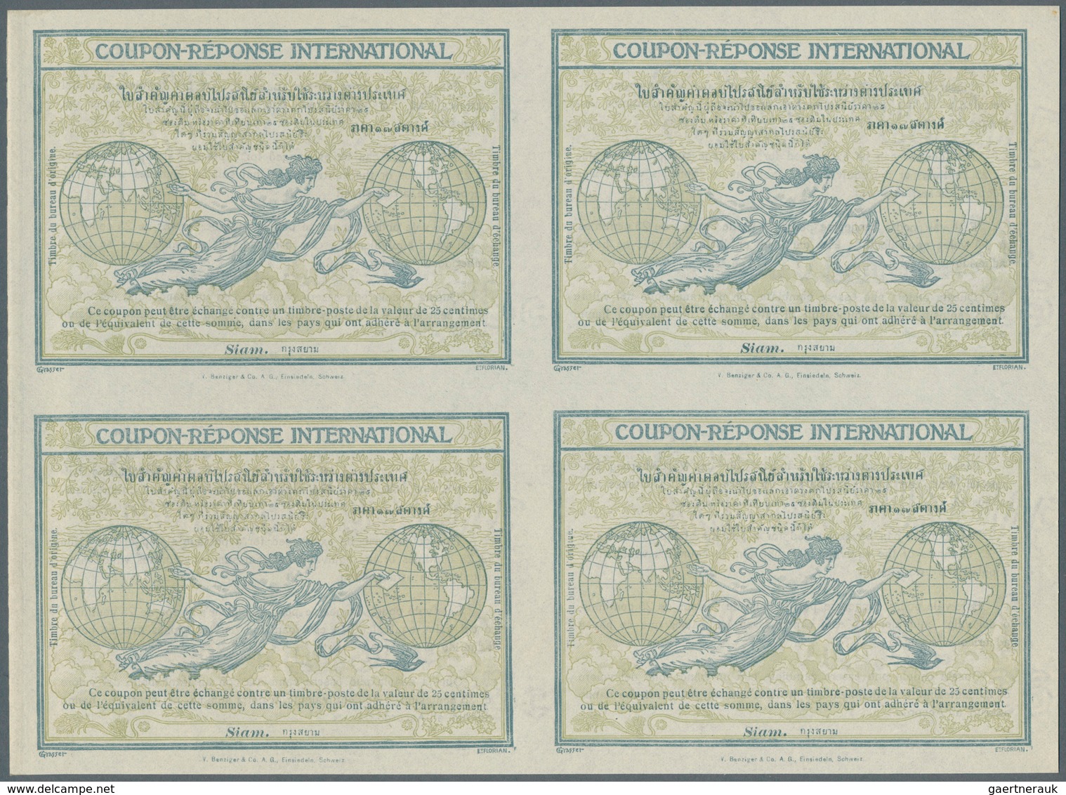 Thailand: Design "Rome" 1906 International Reply Coupon As Block Of Four Siam (native Characters - S - Thailand