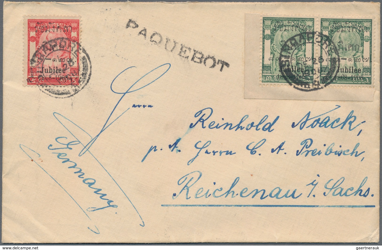 Thailand: 1908, Jubilee 3 A. Green, A Horizontal Bottom Left Corner Margin Pair W. 5 A. Scarlet Tied - Thailand