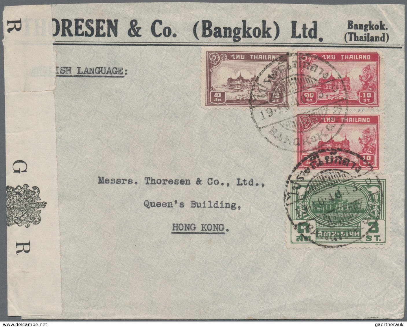 Thailand: 1939, 3 S. Green With 1940 2 S.brown And 10 S. Red (pair) Tied "BANGKOK G.P.O. 19.10.40" T - Thailand