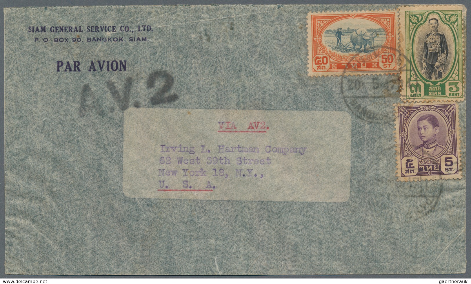 Thailand: 1947, Two Airmail Covers To The U.S.A., Both With "A.V.2" Handstamp And Franked By 1928 'R - Thaïlande
