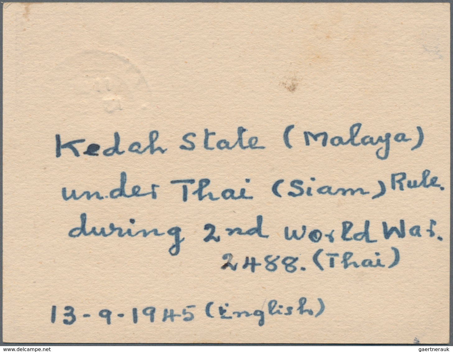 Thailand - Besetzung Malaiischer Gebiete: 1943 Postal Stationery Card 4c. Purple Used Alor Star, Ked - Thailand