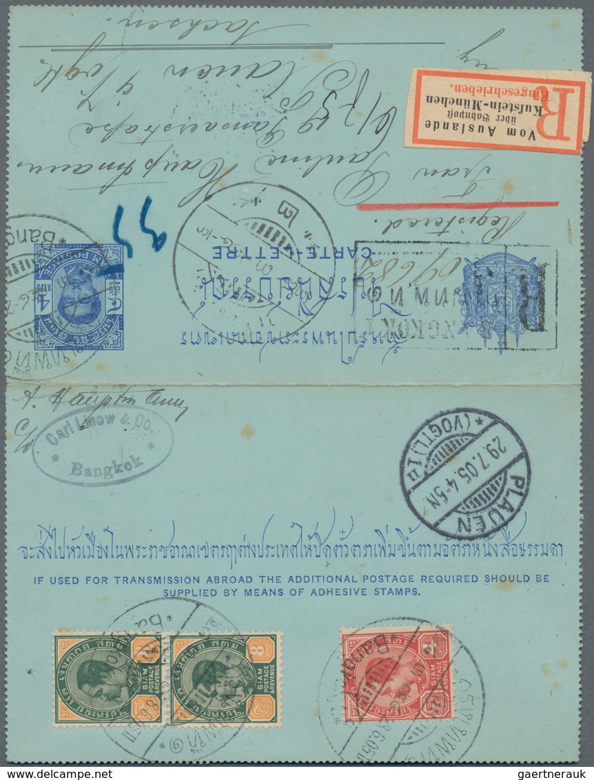 Thailand - Ganzsachen: 1901 Postal Stationery Letter Card 4 Atts Ultramarine Used REGISTERED From Ba - Tailandia