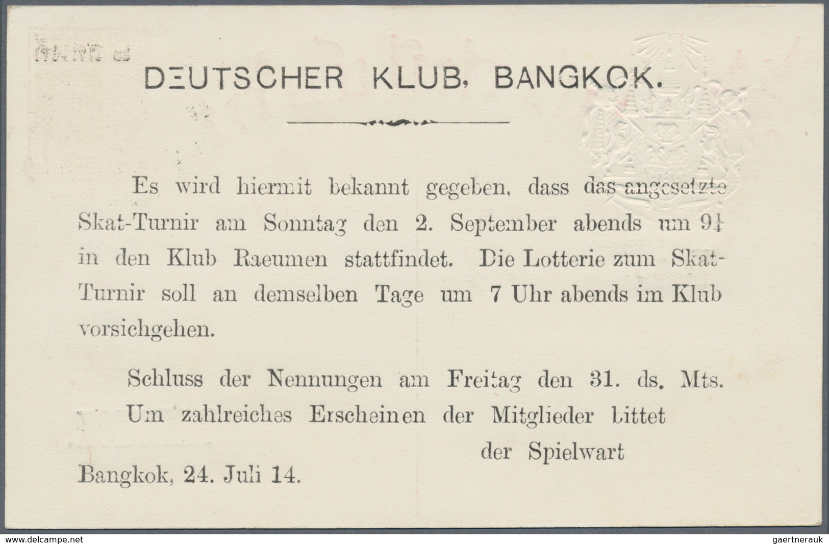 Thailand - Ganzsachen: 1914 P/s Card 2s. On 5s. Brown With Add. Printing Of The German Club Bangkok - Thailand