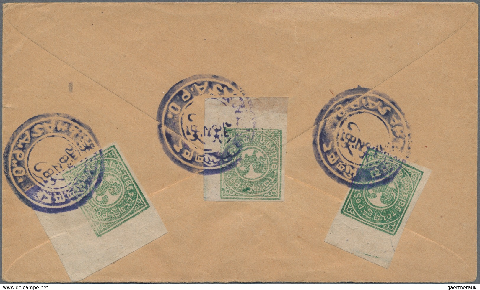 Tibet: 1912, 1/6 T. Emerald (3, Inc. Two Corner Copies) Tied Blue "LHASA P. O." To Reverse Of Cover - Asia (Other)