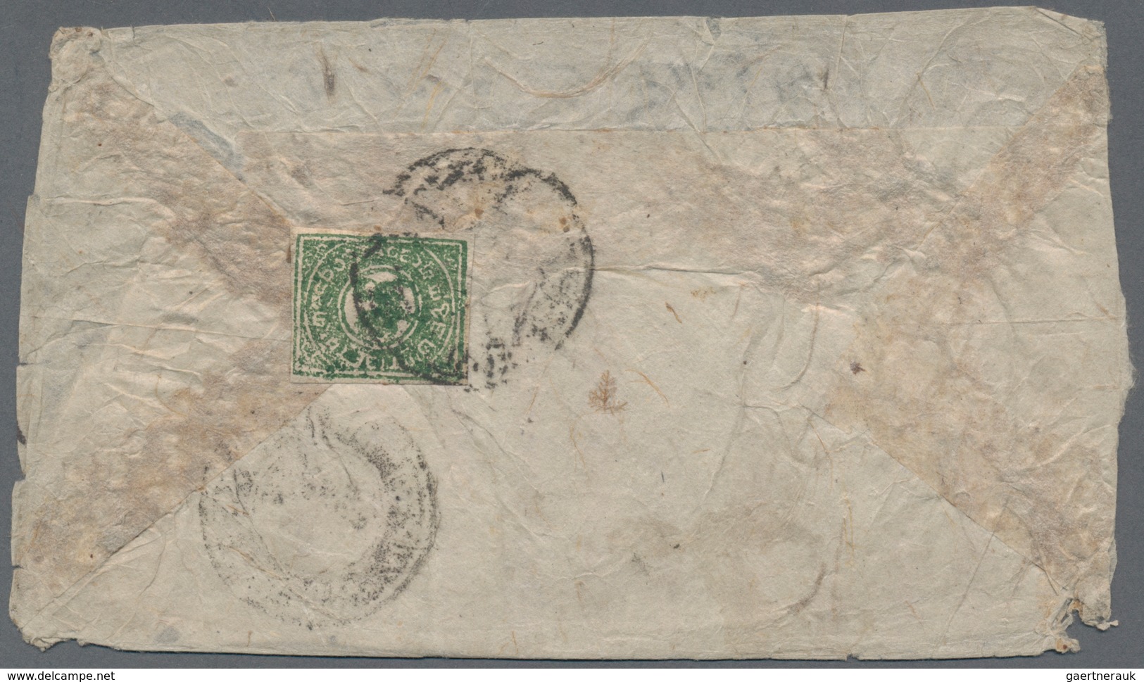 Tibet: 1912, 1/6 T. green single franks (5, inc. one combination with India 1 A. 1927 Pharijong to N