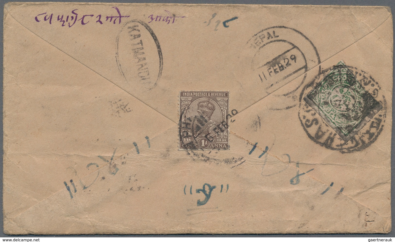 Tibet: 1912, 1/6 T. Dull Emerald Printing Tied "LASA" To Reverse Of Cover In Combination W. India KG - Asia (Other)