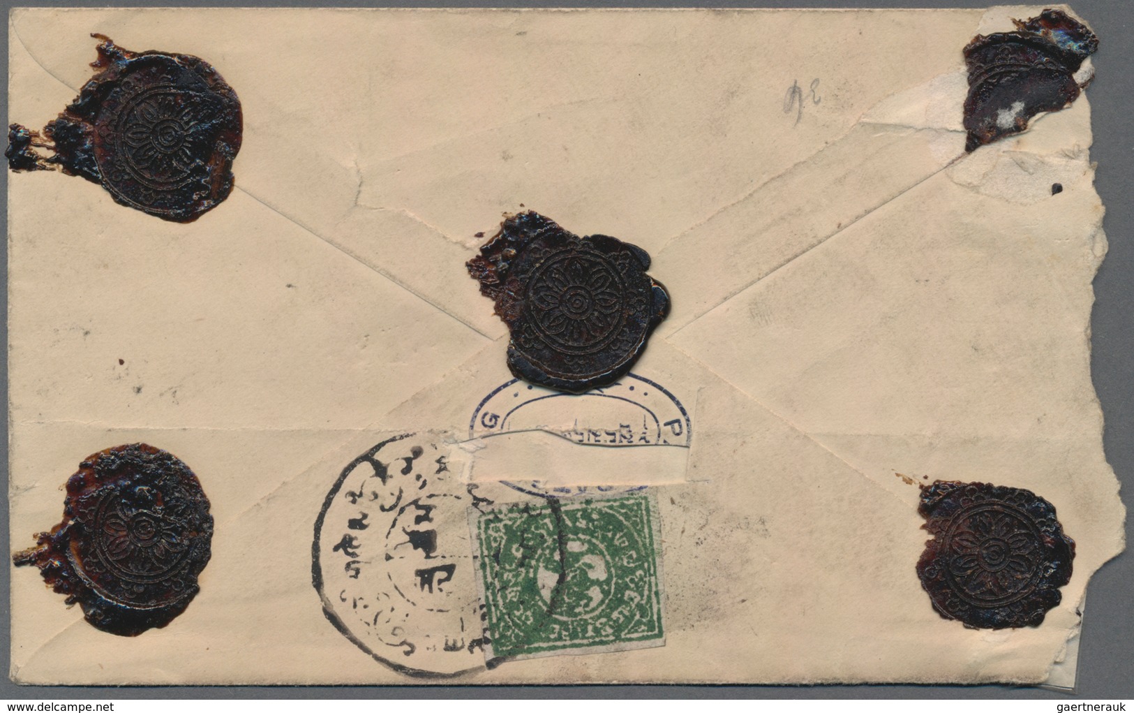 Tibet: 1912, 1/4 T. Green Tied Double Circle To Reverse Of Inland Cover, Rather Roughly Opened And P - Andere-Azië