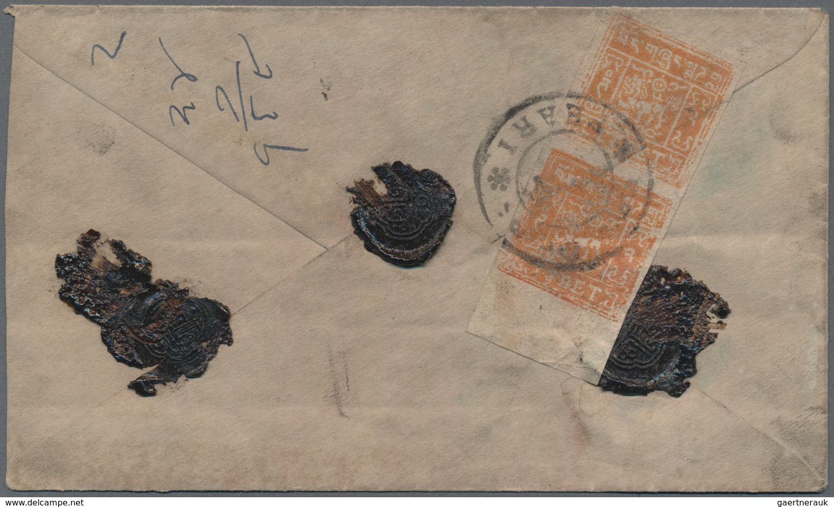 Tibet: 1933, 1/2 T. Orange Imperf., A Horizontal Bottom Margin Pair Tied "PHARI" To Reverse Of Inlan - Asia (Other)