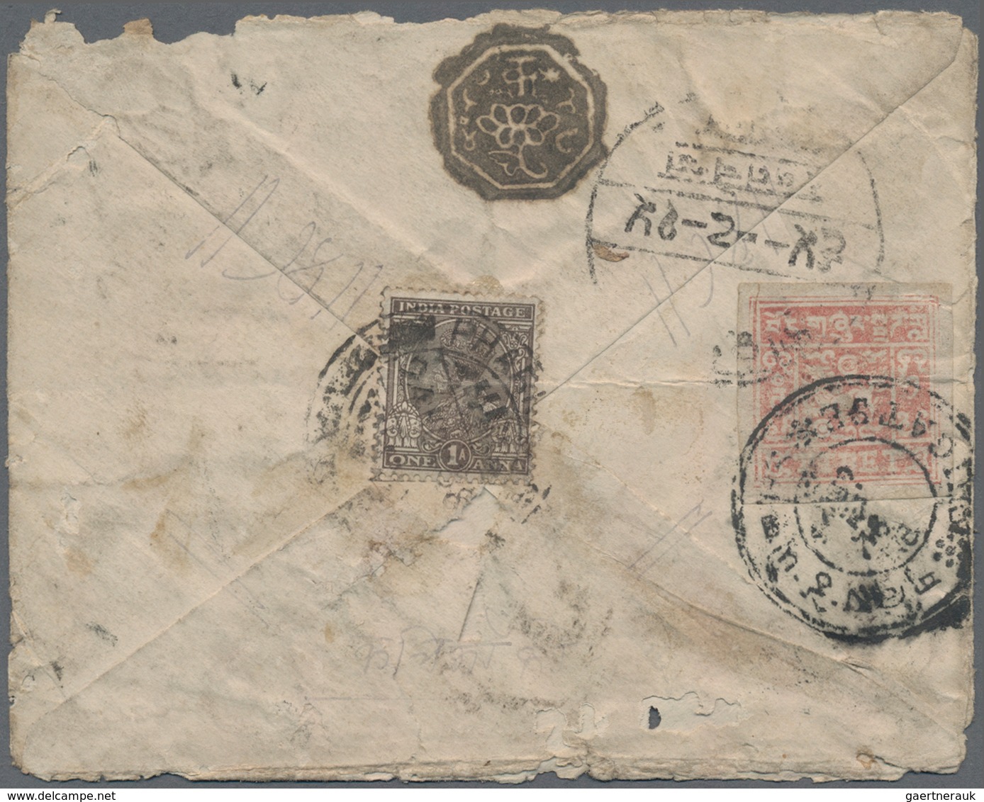 Tibet: 1933, 1 T. Rose Carmine Tied "SHIGATSE" To Reverse Of Battered Cover With India 1 A. Tied "PH - Asia (Other)