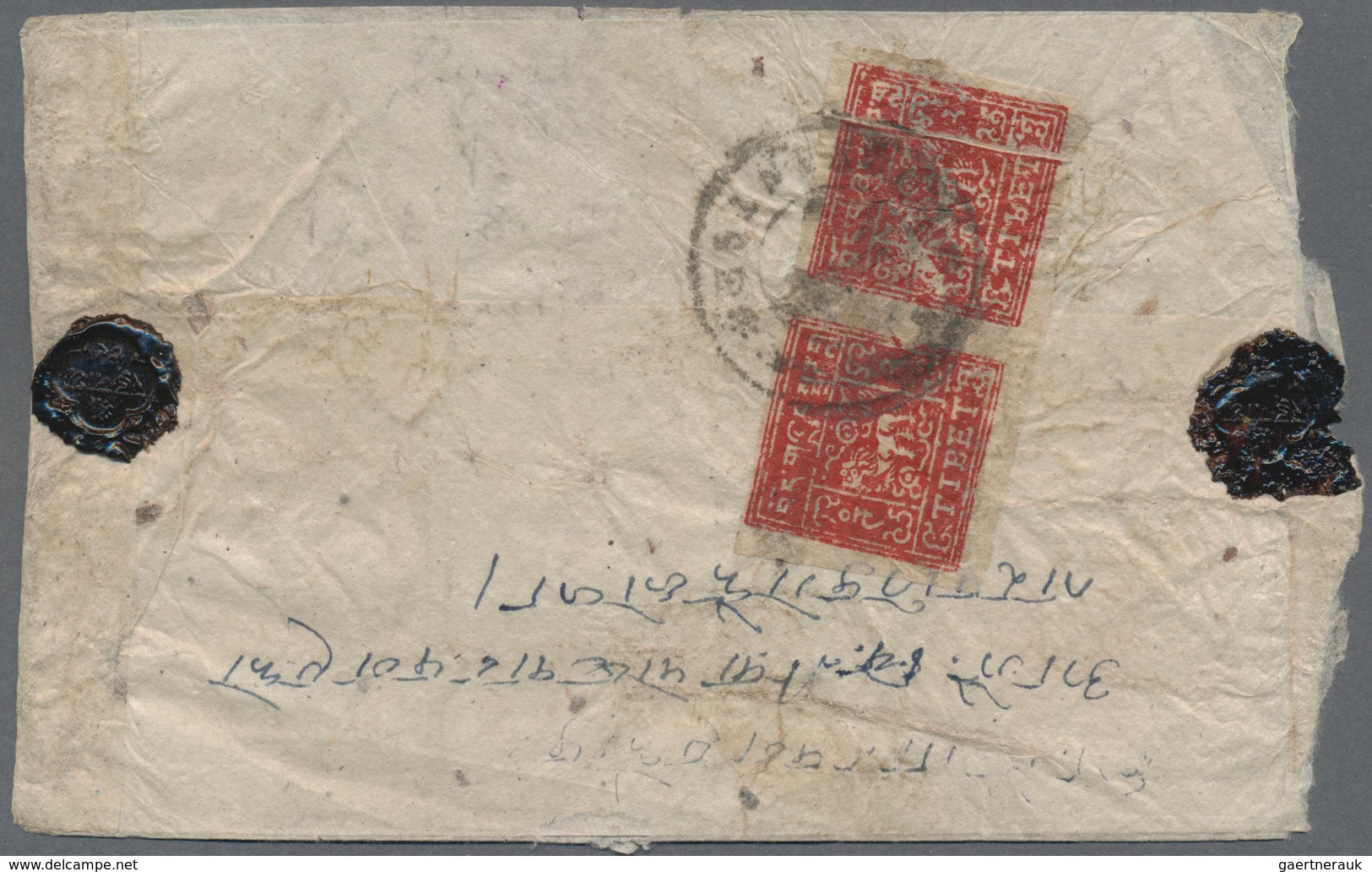 Tibet: 1933, 2 T. Red, A Horizontal Pair Tied "LASA" To Reverse Of Registered Inland Cover. Right St - Asia (Other)