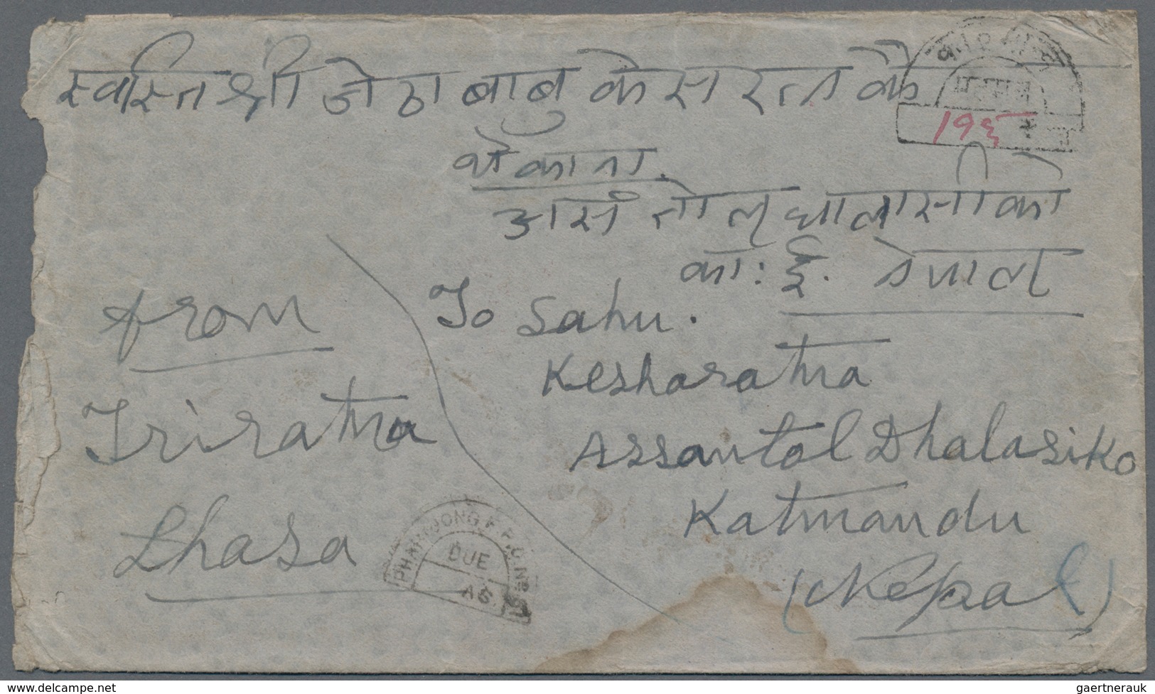 Tibet: 1942/47, India P.o. In Tibet, Three Covers To Nepal: 1 A., 3 P. Tied "PHARIJONG 15 FEB 42"; 1 - Andere-Azië