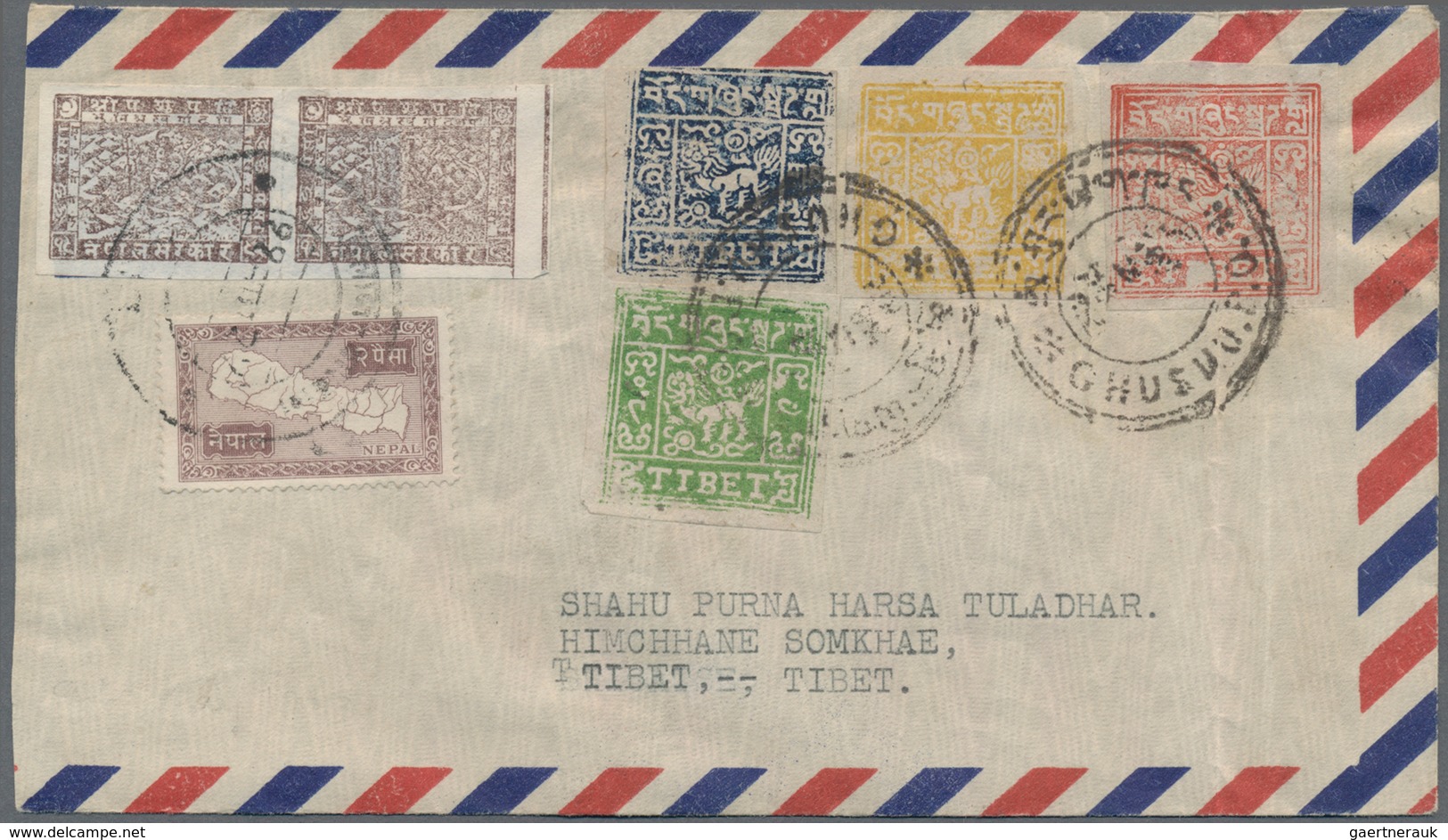 Tibet: 1950, 1/2 T.-4 T. Shining Printing Set Tied "GHUSHU P.O." To Incoming Air Mail Envelope From - Sonstige - Asien