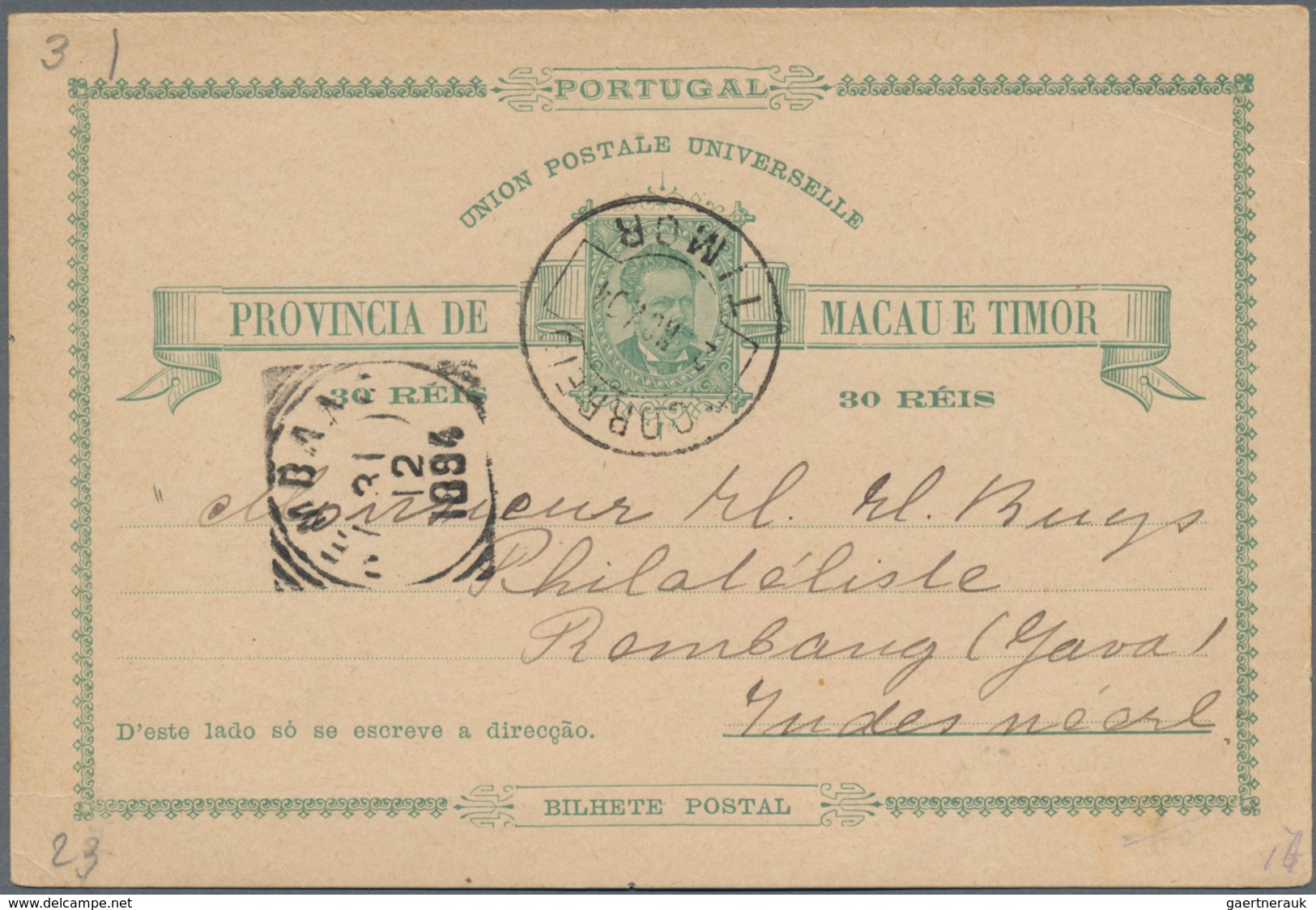 Timor: 1894, Card 30 R. Canc. "TIMOR 2 NOV 94" To Java/Dutch East Indies W. Arrival "REMBANG 31 12 1 - Osttimor