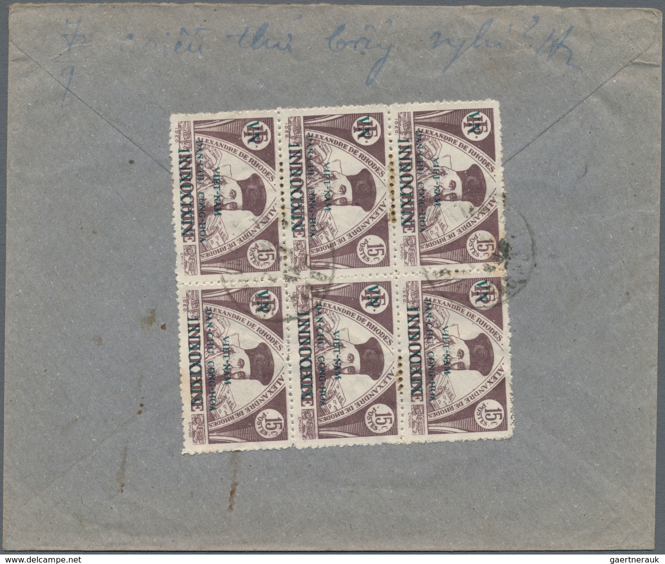 Vietnam-Nord (1945-1975): 1945, VN-ovpt. In Green On 15 C. De Rhodes, A Block Of Six Tied "HANOI CHA - Vietnam