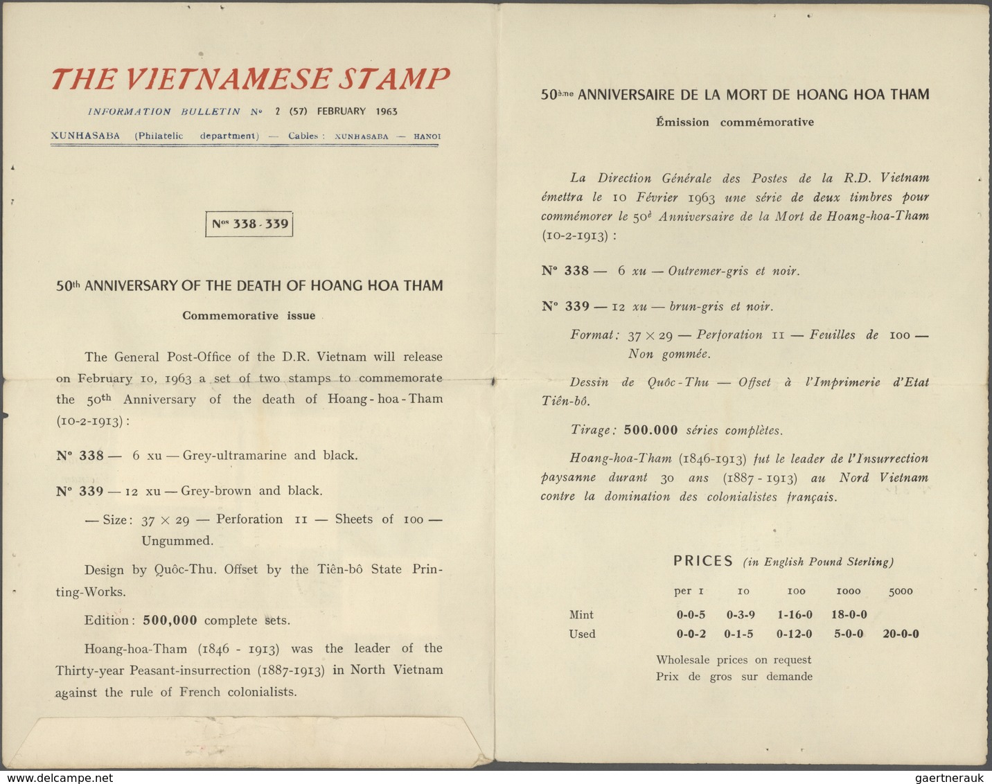 Vietnam-Nord (1945-1975): 1962/1969: A) Xunhasaba Folded Bulletin (Printed Matter) That Announces Th - Vietnam