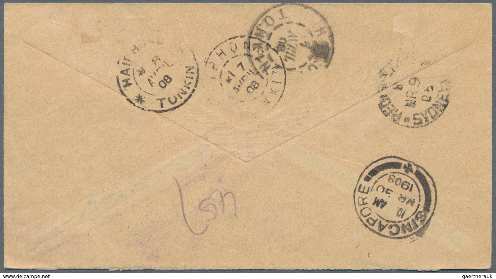 Vietnam - Besonderheiten: 1908, HANOI, TONKIN: Destination V. R-Brief Mit Recovermerk "R N 121", Rot - Vietnam