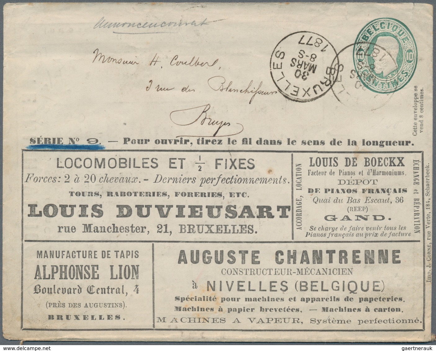 Thematik: Anzeigenganzsachen / Advertising Postal Stationery: 1877, Belgium. Advertisment Cover 10c - Zonder Classificatie