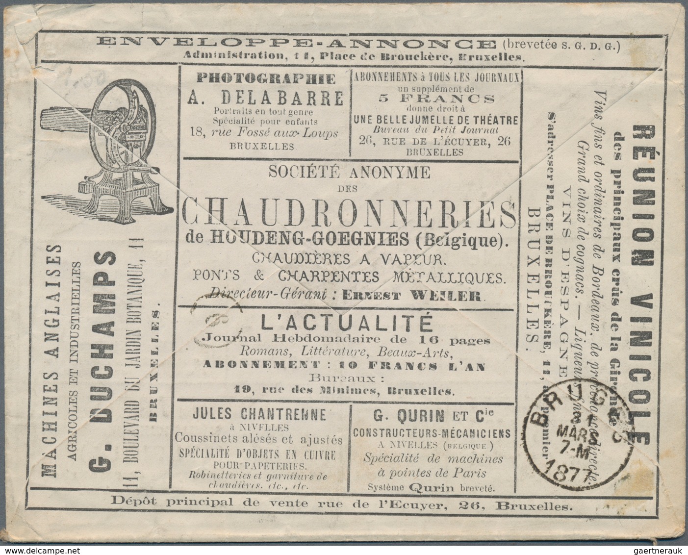Thematik: Anzeigenganzsachen / Advertising Postal Stationery: 1877, Belgium. Advertisment Cover 10c - Zonder Classificatie