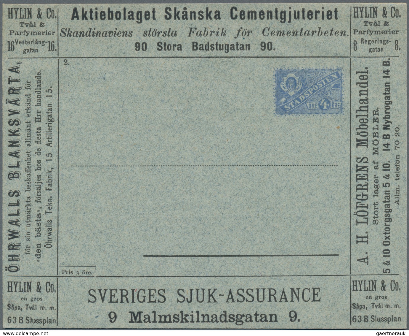 Thematik: Anzeigenganzsachen / Advertising Postal Stationery: From 1887 On, Sweden. Stadsposten Stoc - Unclassified