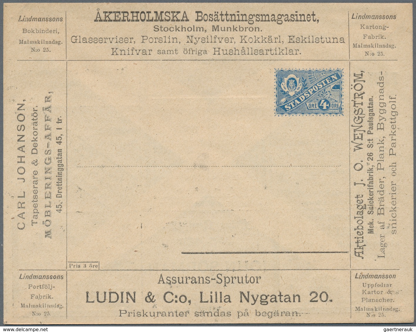 Thematik: Anzeigenganzsachen / Advertising Postal Stationery: From 1887 On, Sweden. Stadsposten Stoc - Zonder Classificatie