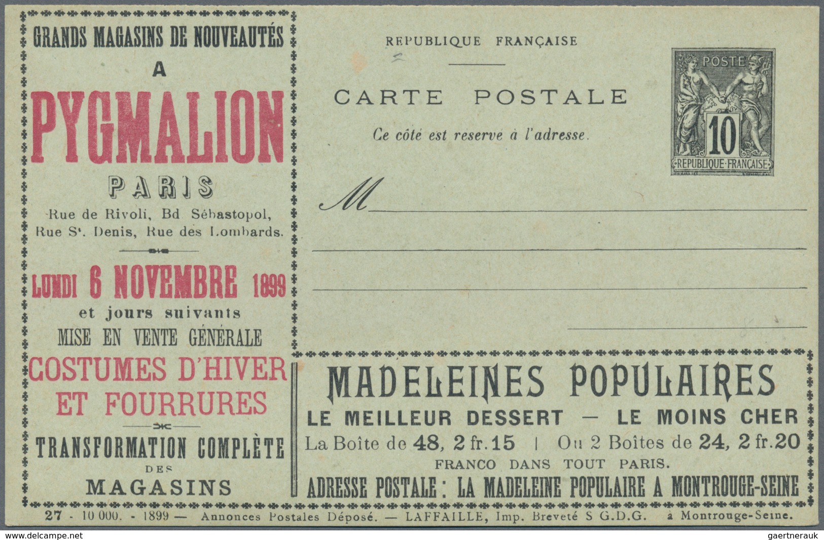 Thematik: Anzeigenganzsachen / Advertising Postal Stationery: 1899, France. Advertising Postcard 10c - Non Classificati