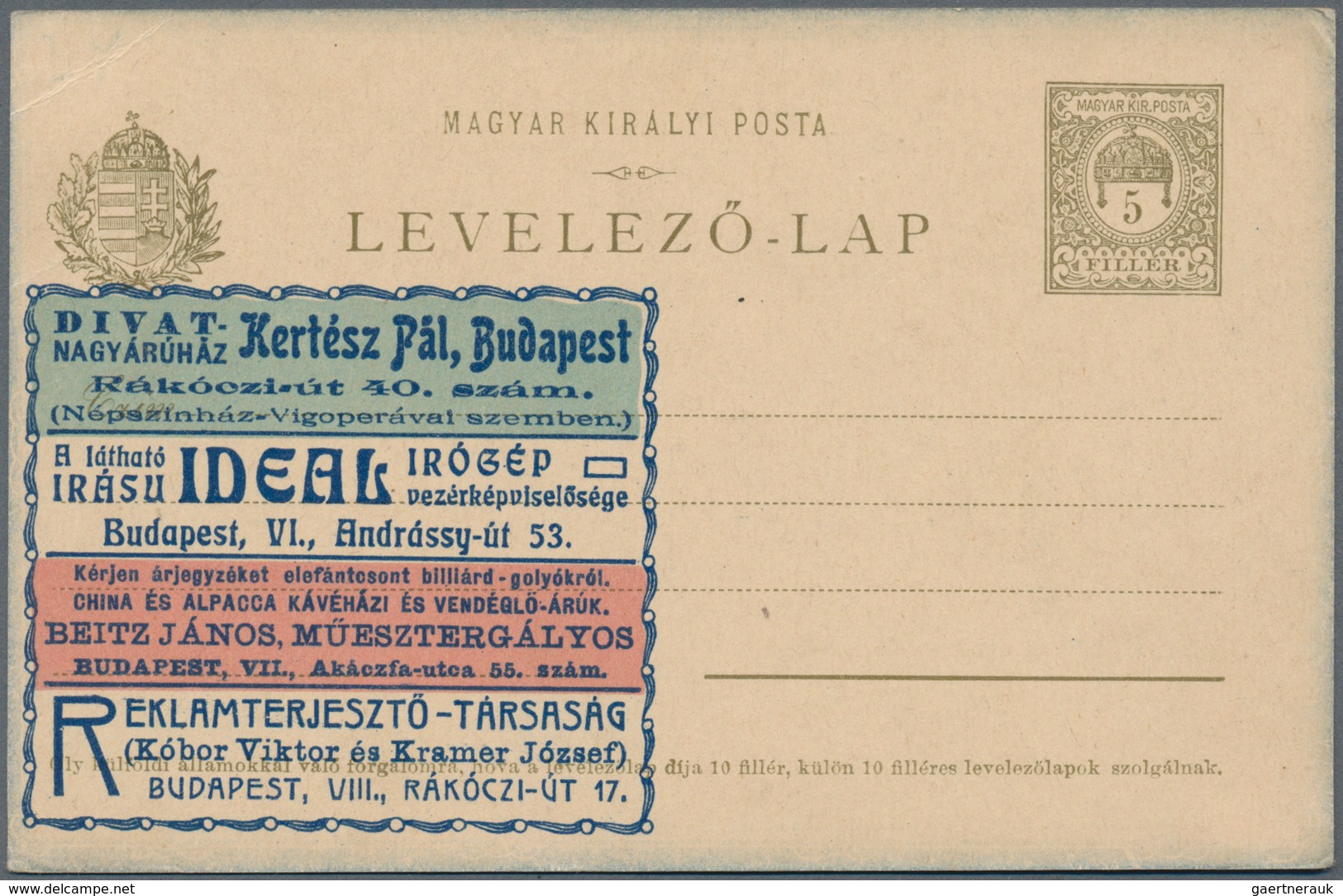 Thematik: Anzeigenganzsachen / Advertising Postal Stationery: 1902 (ca.), Hungary. Advertising Postc - Zonder Classificatie