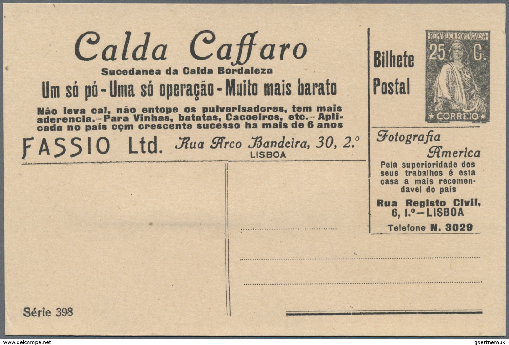 Thematik: Anzeigenganzsachen / Advertising Postal Stationery: 1912 (ca.), Portugal. Advertising Post - Ohne Zuordnung