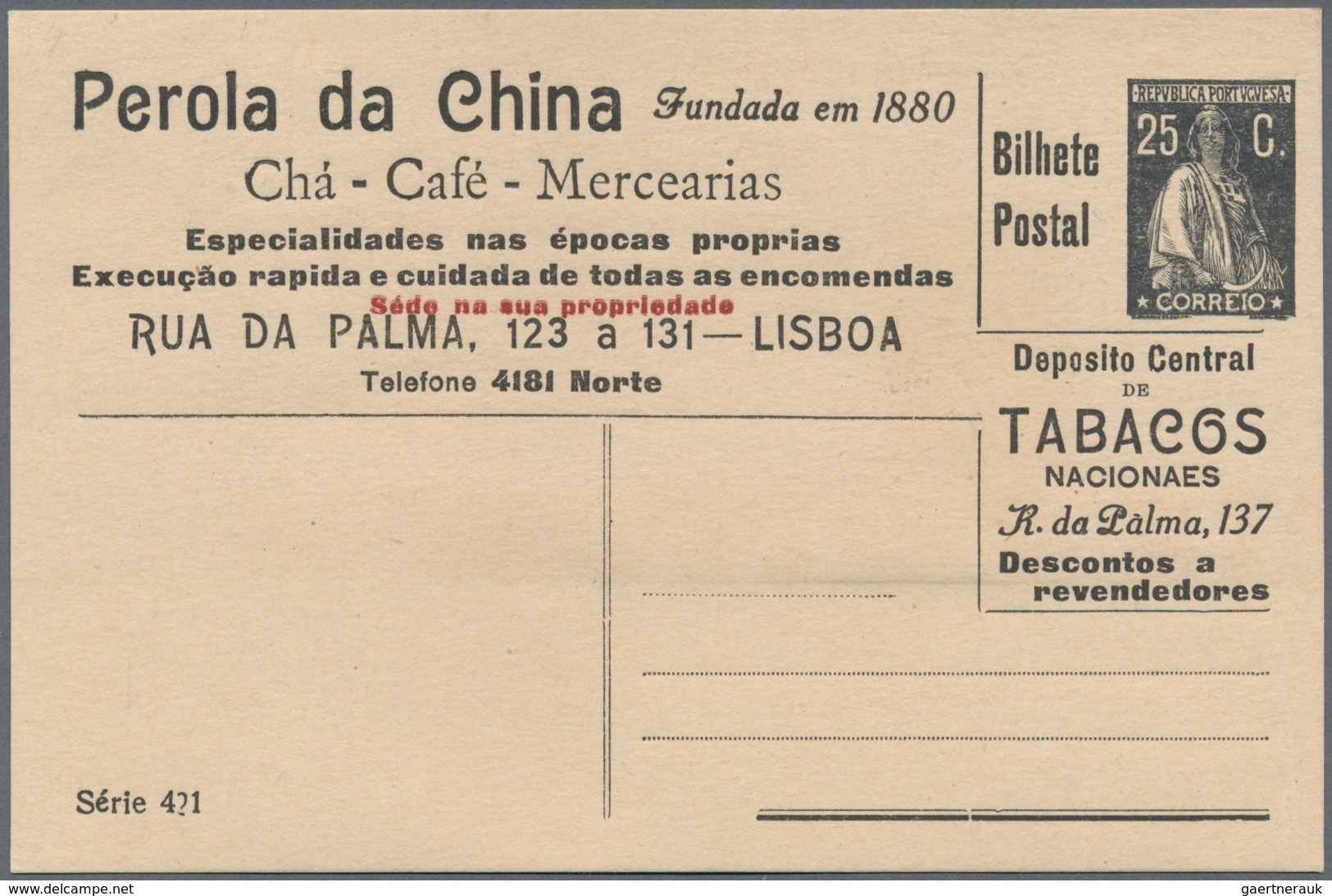 Thematik: Anzeigenganzsachen / Advertising Postal Stationery: 1912 (ca.), Portugal. Advertising Post - Ohne Zuordnung