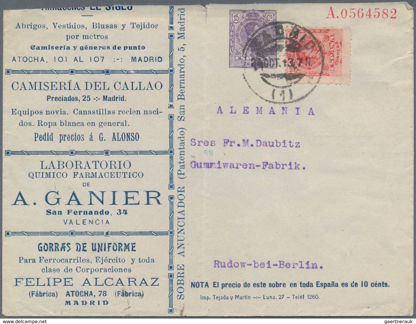 Thematik: Anzeigenganzsachen / Advertising Postal Stationery: 1913, Spain. Private Ad Cover 15c Viol - Zonder Classificatie