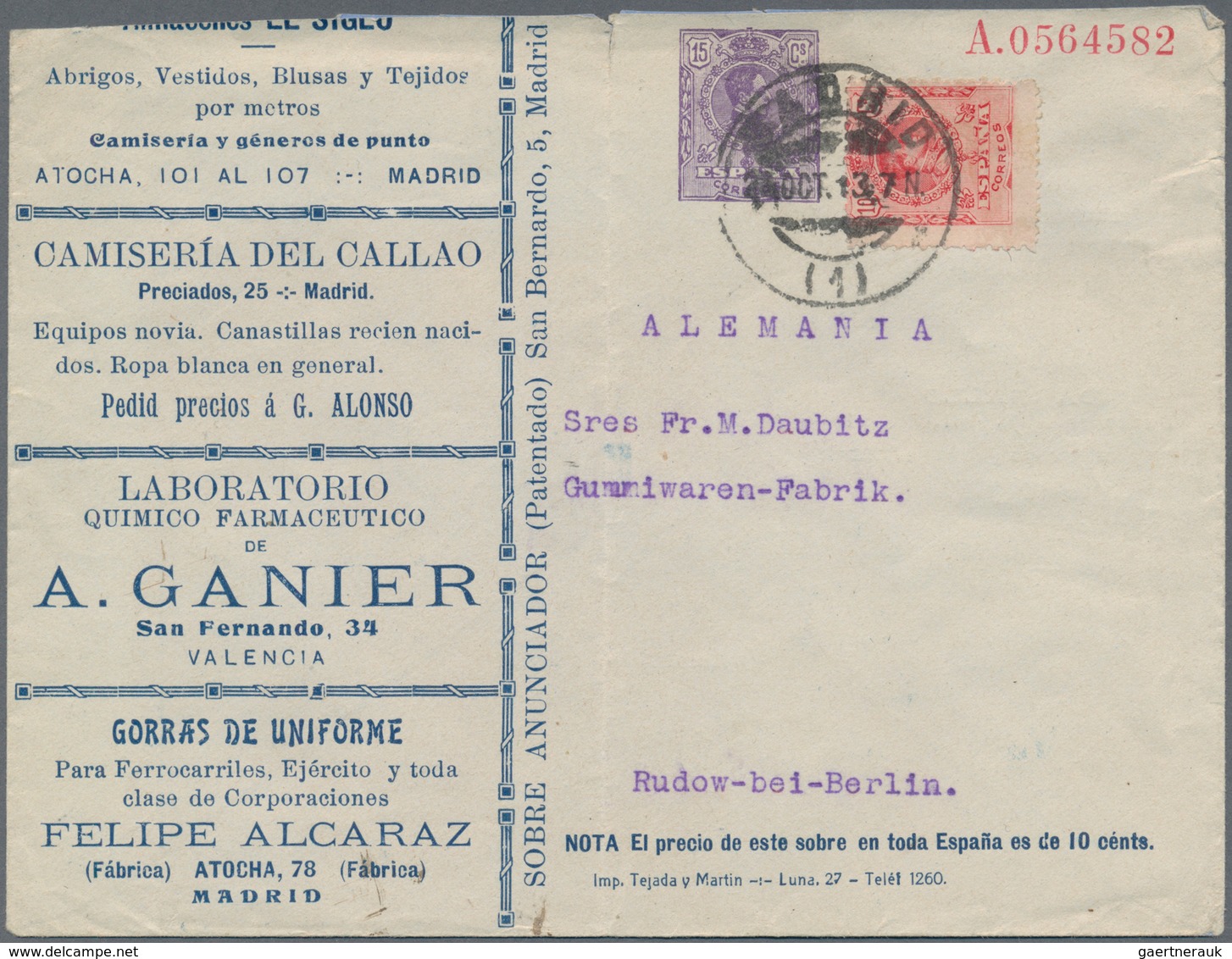 Thematik: Anzeigenganzsachen / Advertising Postal Stationery: 1913, Spain. Private Ad Cover 15c Viol - Ohne Zuordnung