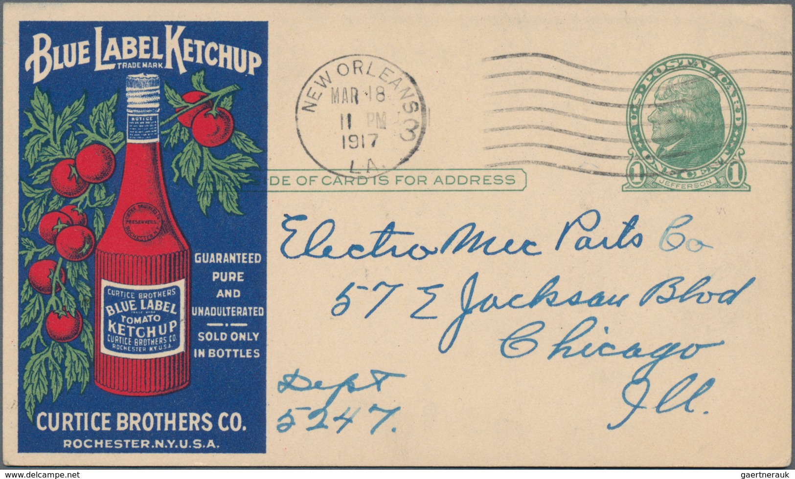 Thematik: Anzeigenganzsachen / Advertising Postal Stationery: 1917, USA. Ads Postcard 1c Jeffersen W - Ohne Zuordnung