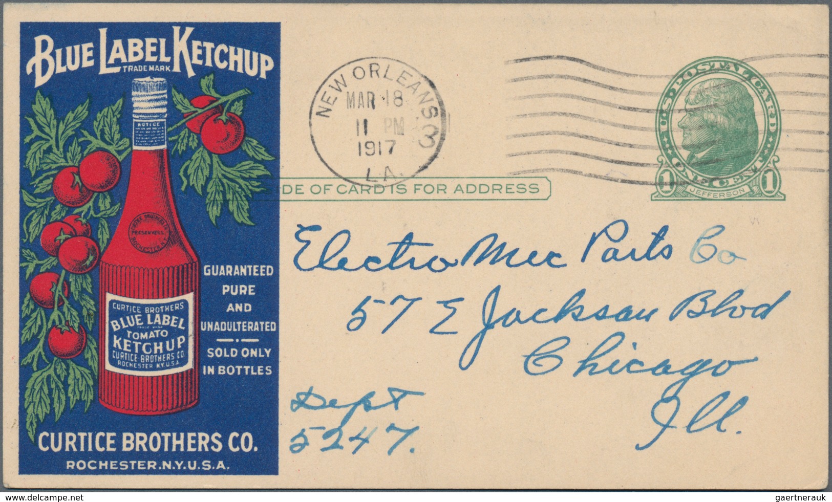 Thematik: Anzeigenganzsachen / Advertising Postal Stationery: 1917, USA. Ads Postcard 1c Jeffersen W - Zonder Classificatie