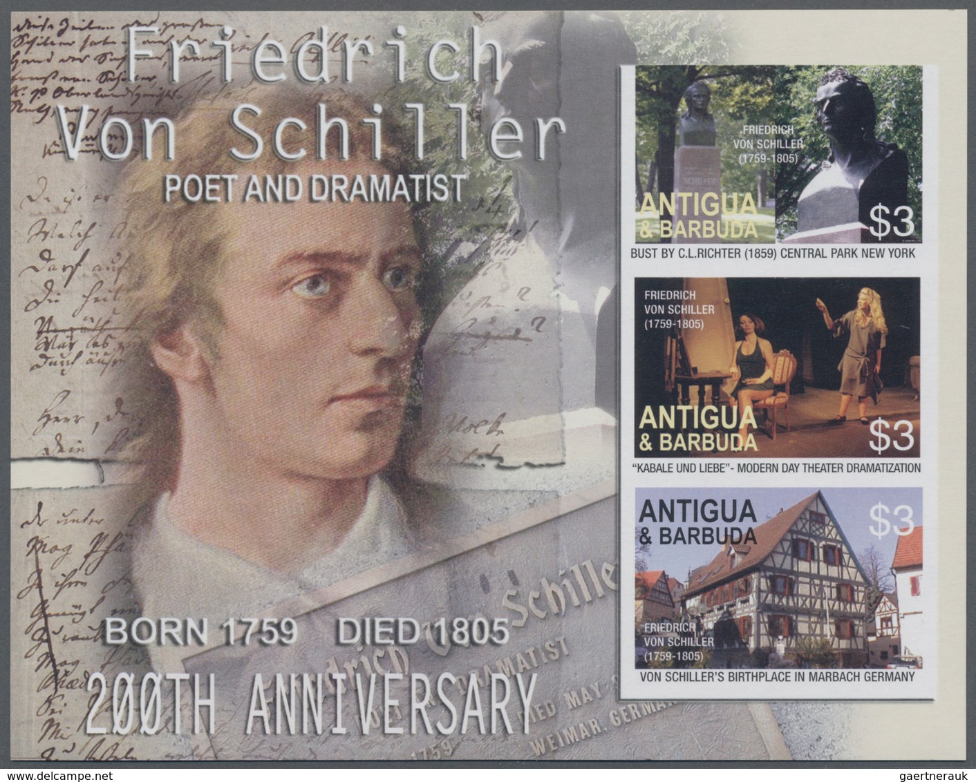 Thematik: Druck-Dichter / Printing-poets: 2005, ANTIGUA & BARBUDA: 200 Years Of Death Of Friedrich S - Schriftsteller