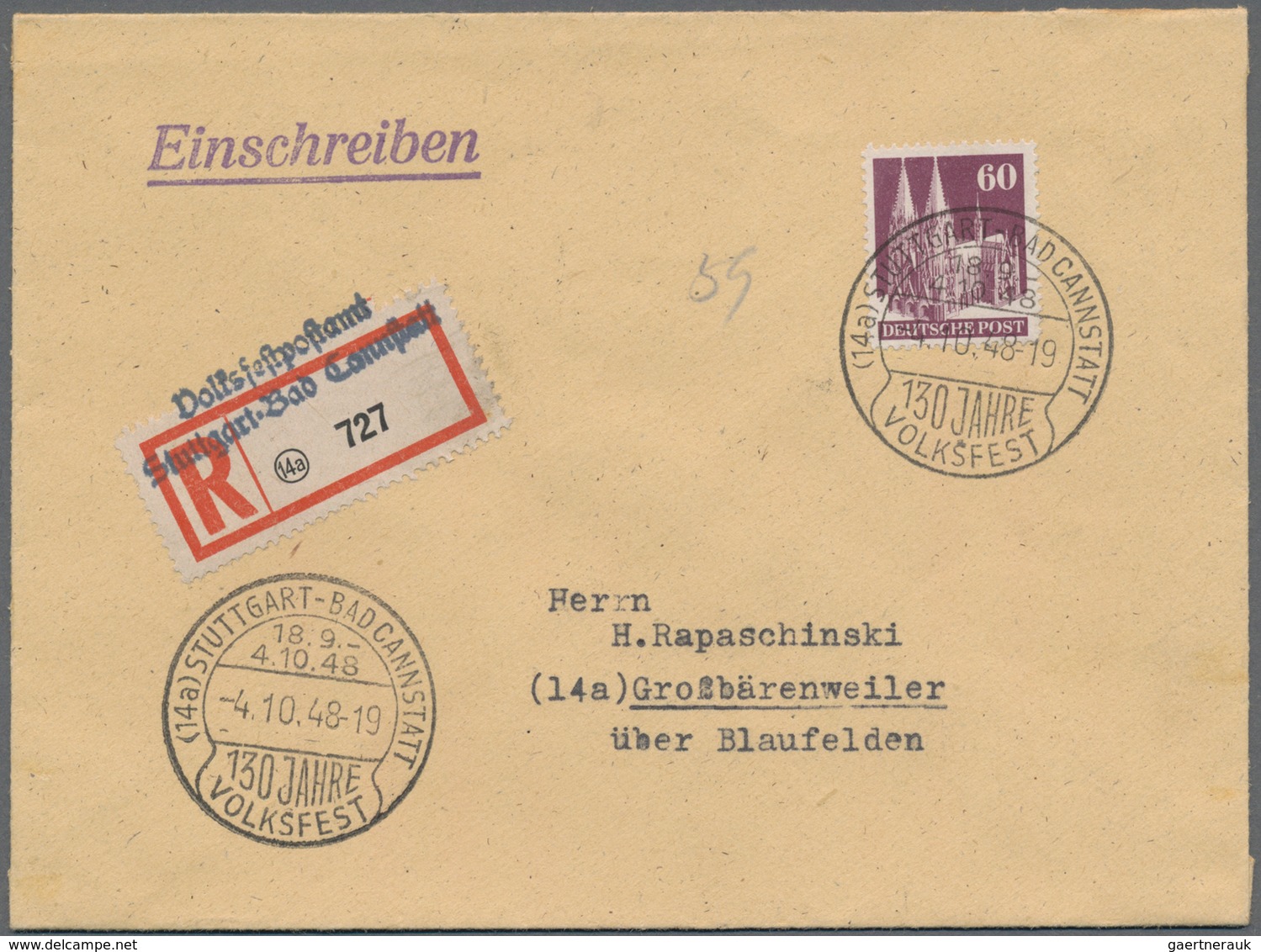 Thematik: Einschreibbriefe Und -Zettel / Registered Covers And Labels: 1948, VOLKSFESTPOSTAMT / STUT - Ohne Zuordnung