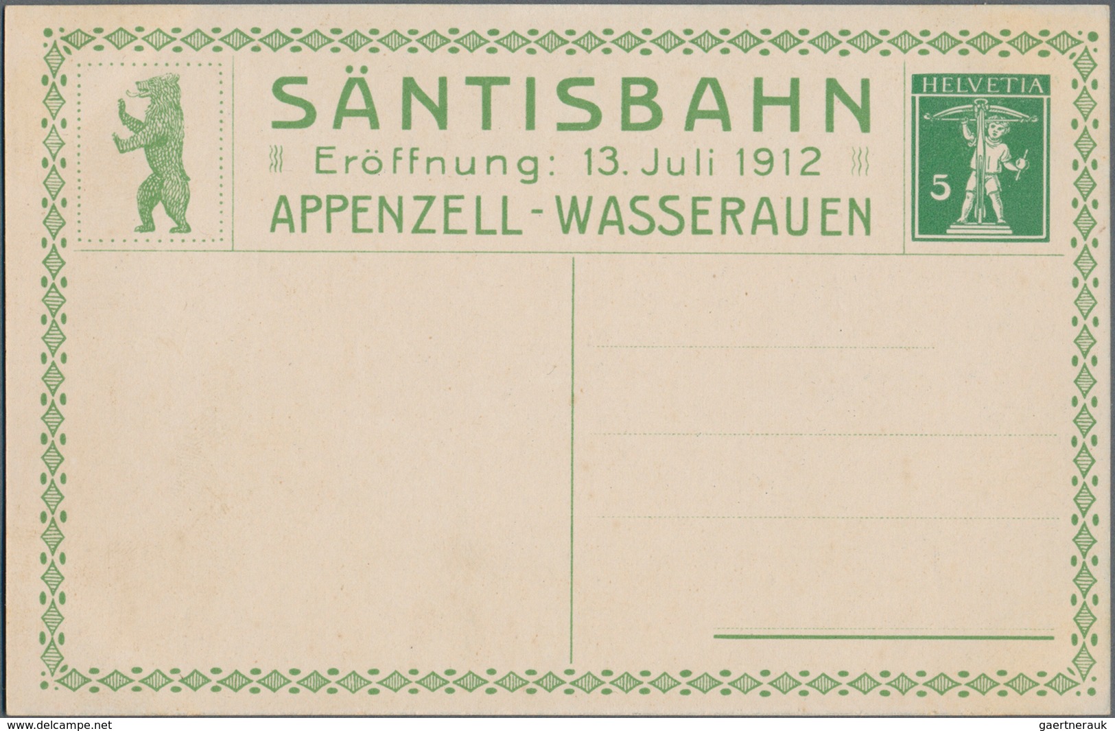 Thematik: Eisenbahn / Railway: 1912, Schweiz, Ungebrauchte PrivatGA 5 C. Tellknabe "SÄNTISBAHN / Erö - Eisenbahnen