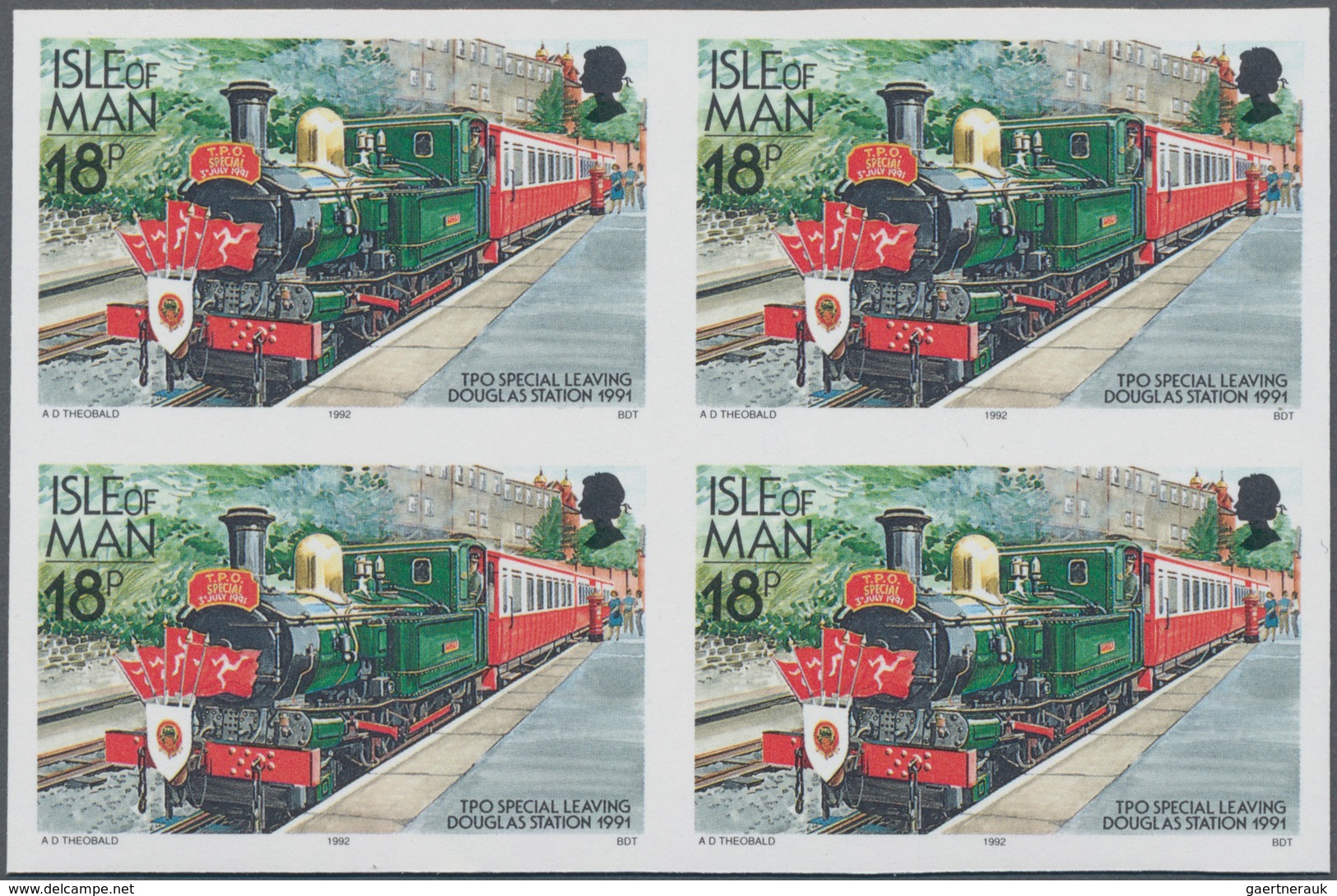 Thematik: Eisenbahn / Railway: 1992, Isle Of Man. IMPERFORATE Block Of 4 For The 18p Value Of The De - Trains
