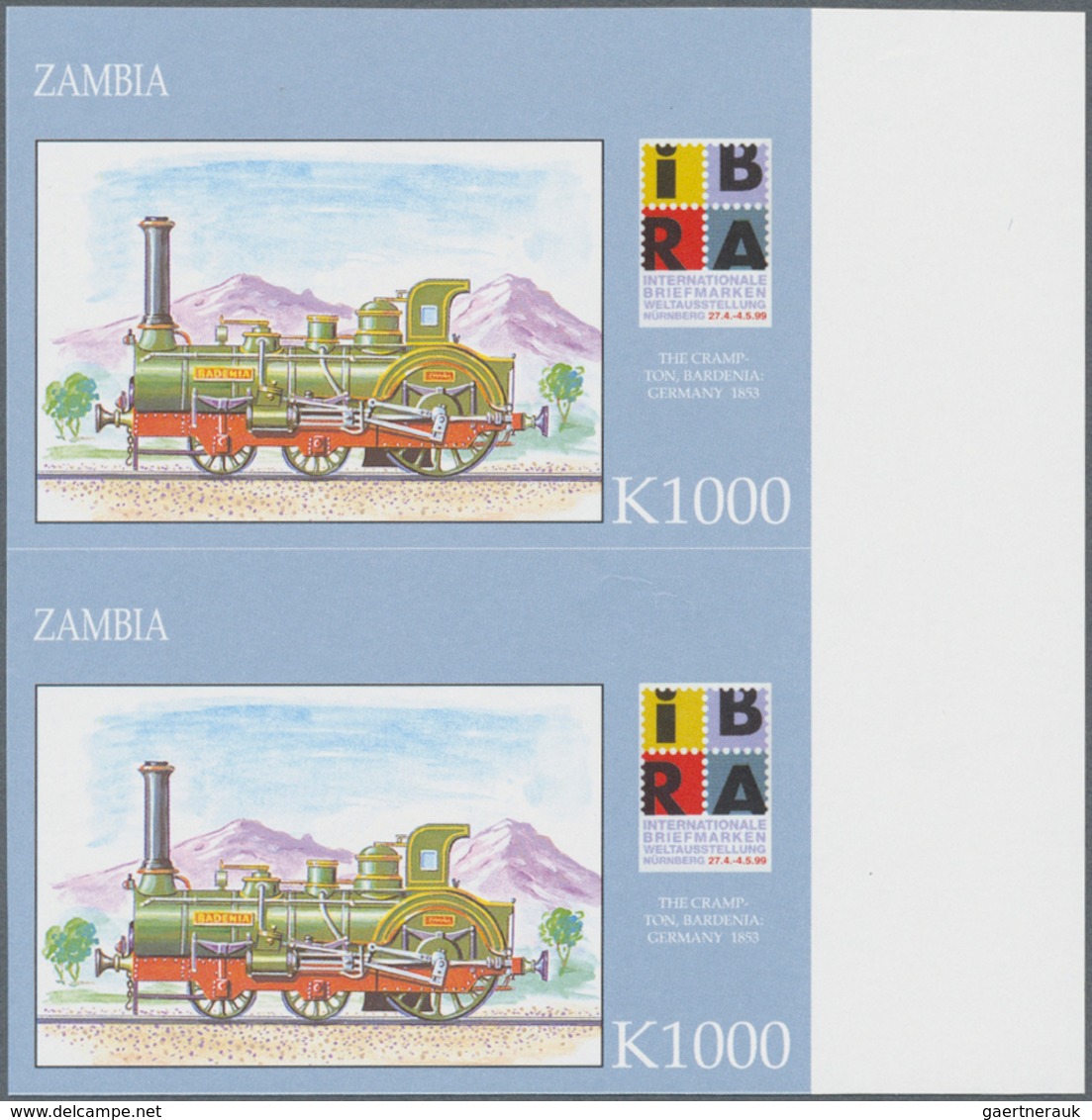 Thematik: Eisenbahn / Railway: 1999, ZAMBIA: International Stamp Exhibition IBRA In Nuremberg Comple - Trains