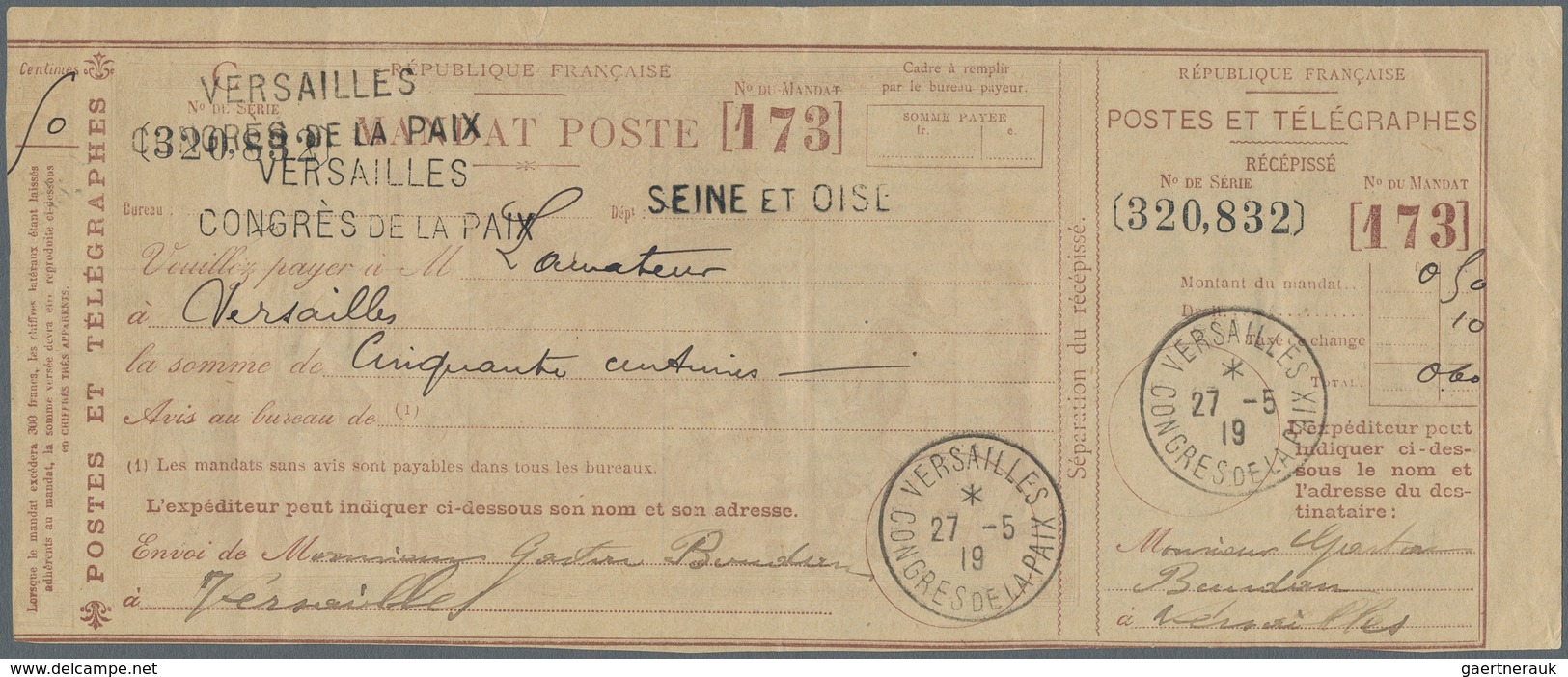 Thematik: Frieden / Peace: 1919, France. Used Postal Money Order Bearing Twice Two Line "Versailles - Unclassified