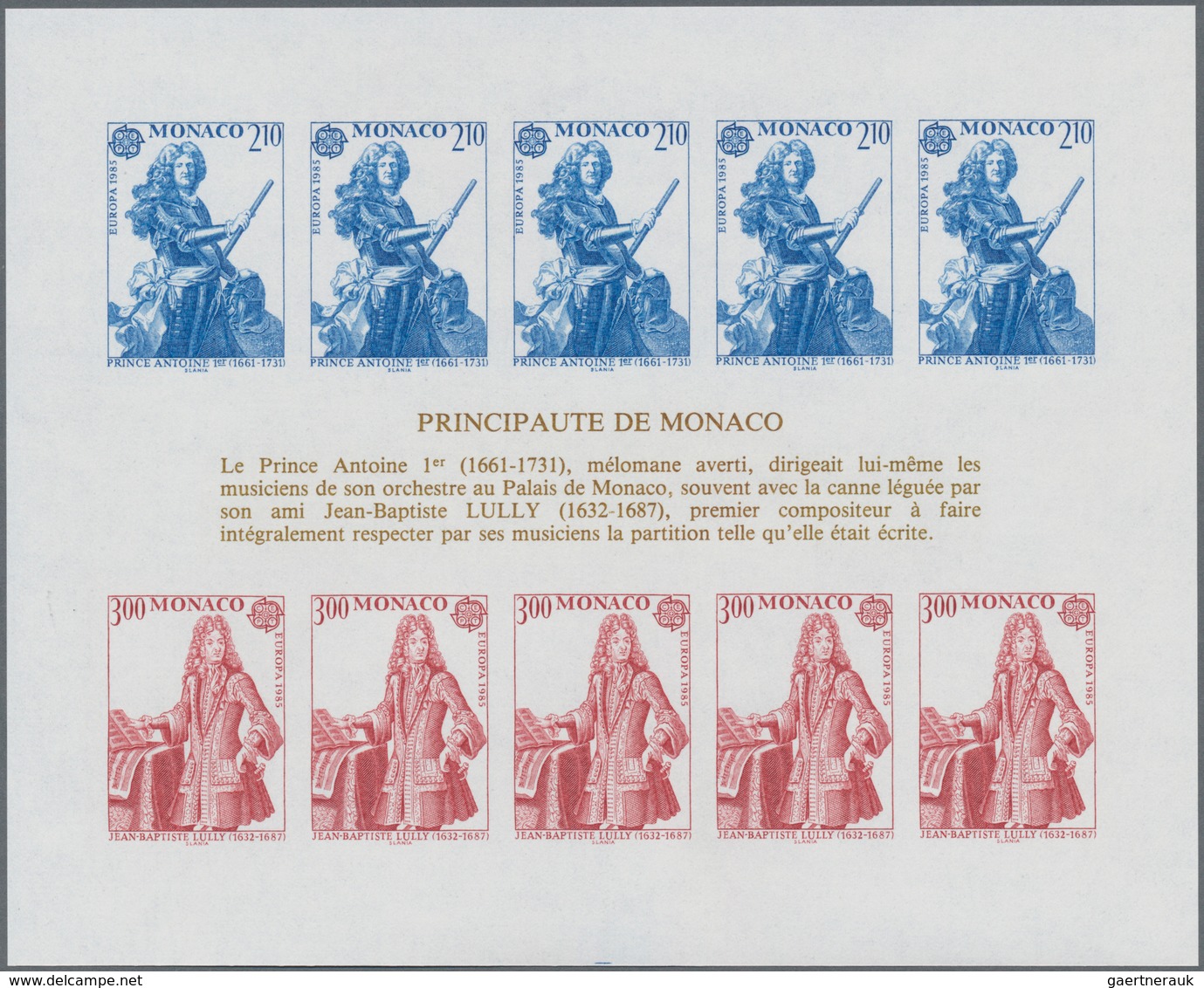 Thematik: Musik / Music: 1985, MONACO: Europa-CEPT ‚European Year Of Music‘ IMPERFORATE Miniature Sh - Music