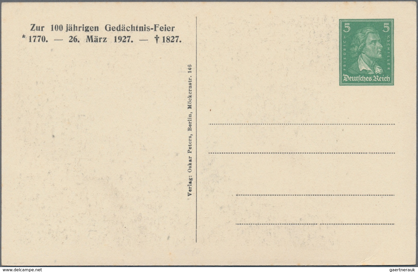 Thematik: Musik-Komponisten / Music-composers: 1927, German Reich. Private Postcard 5p Schiller "On - Musik