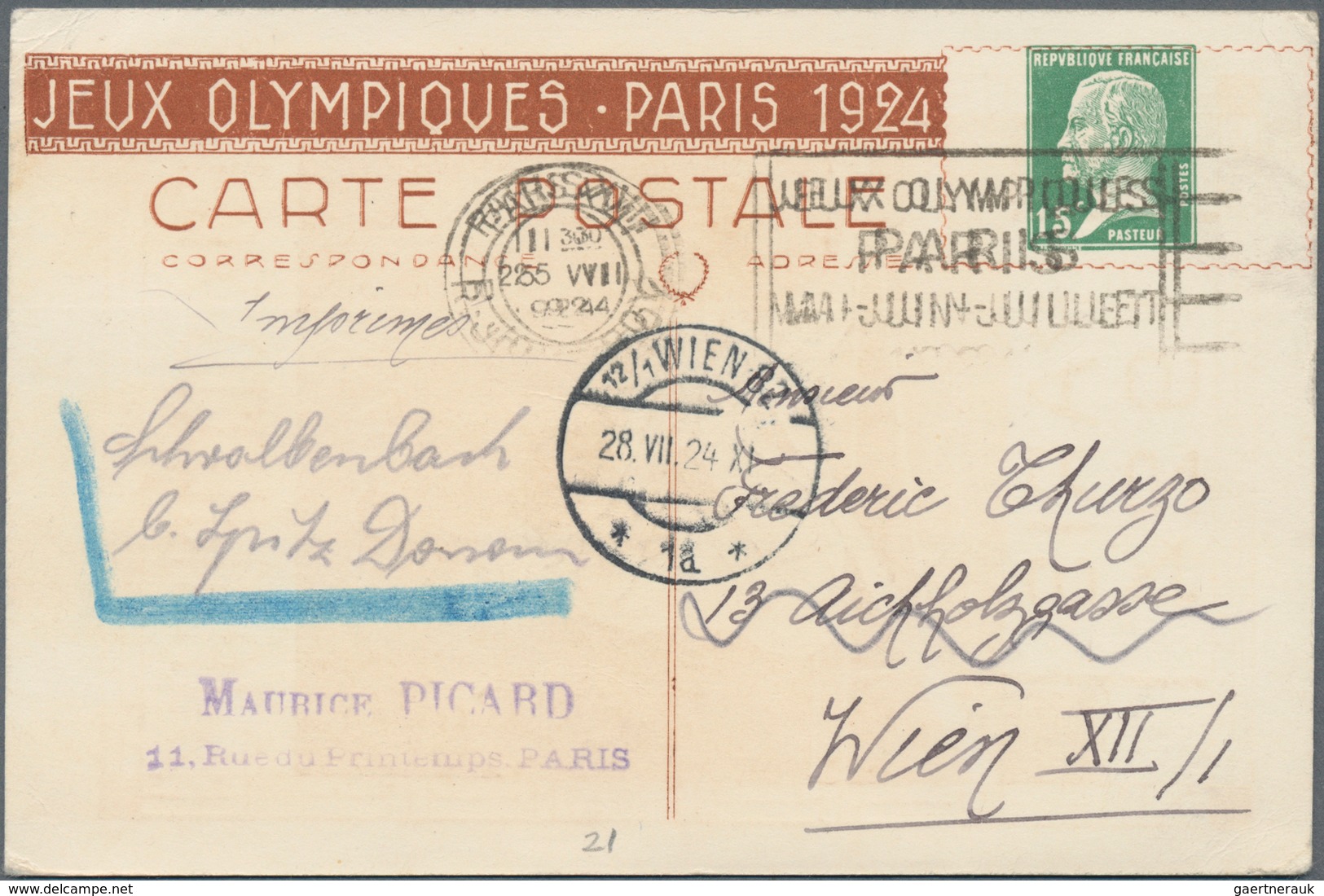 Thematik: Olympische Spiele / Olympic Games: 1924, France. Olympic Postcard 15c Green Pasteur With R - Andere & Zonder Classificatie