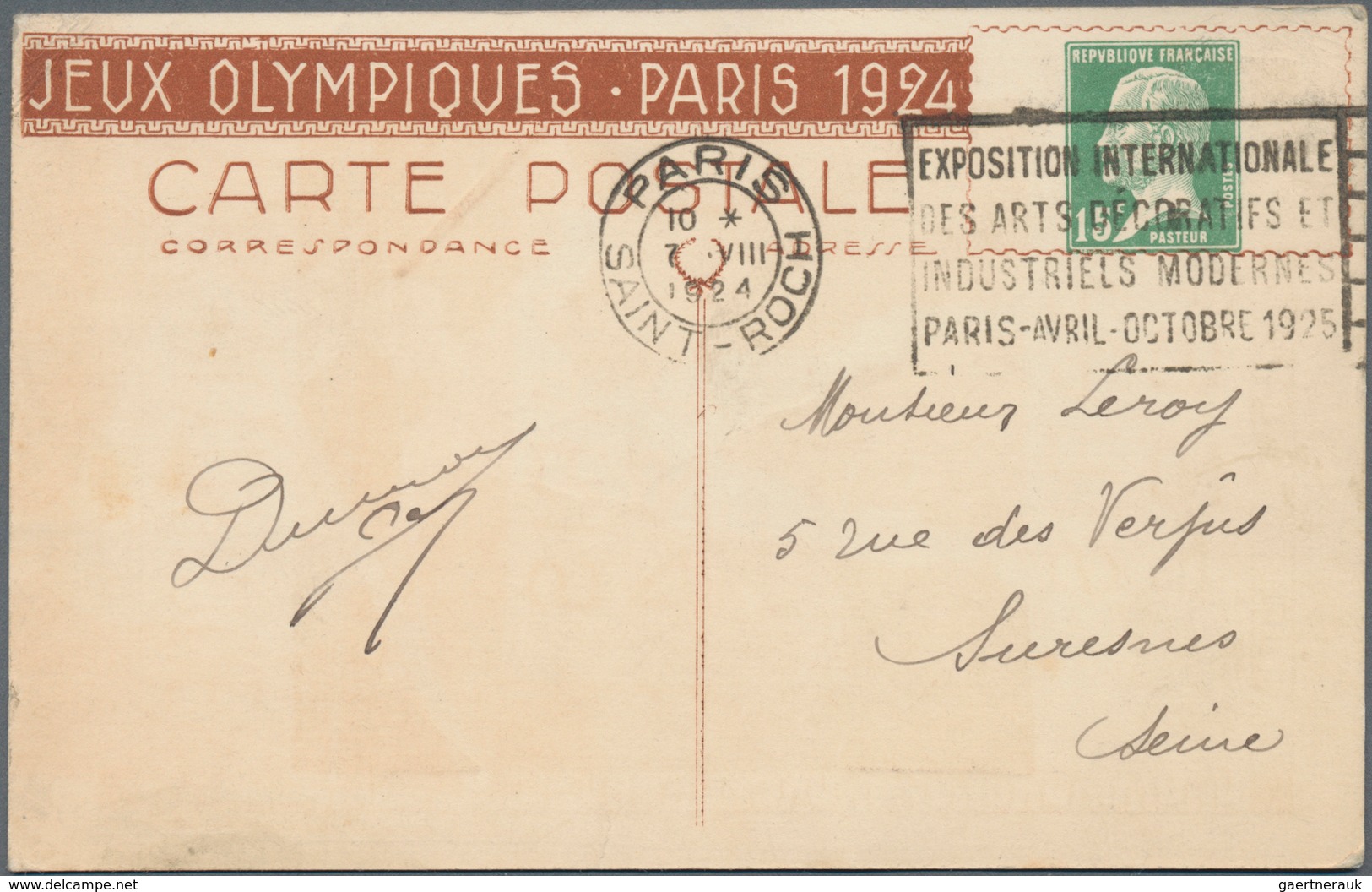 Thematik: Olympische Spiele / Olympic Games: 1924, France. Olympic Postcard 15c Green Pasteur With R - Sonstige & Ohne Zuordnung