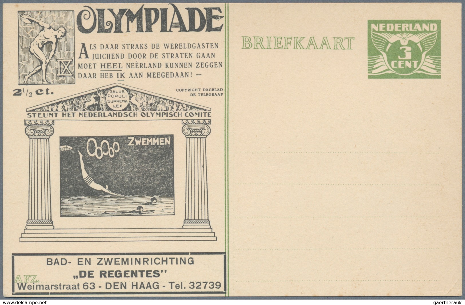 Thematik: Olympische Spiele / Olympic Games: 1928, Niederlande, 3 C. Grün Ganzsachenkarte Mit Vs. Zu - Sonstige & Ohne Zuordnung