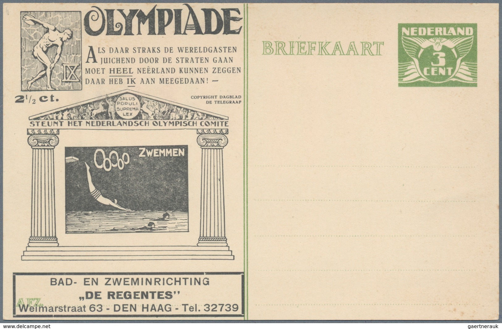 Thematik: Olympische Spiele / Olympic Games: 1928, Niederlande, 3 C. Grün Olympia Sonder-Postkarte M - Sonstige & Ohne Zuordnung